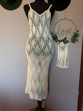 Burano Lace Handmade Crochet Cream Maxi Dress with Spaghetti Straps
